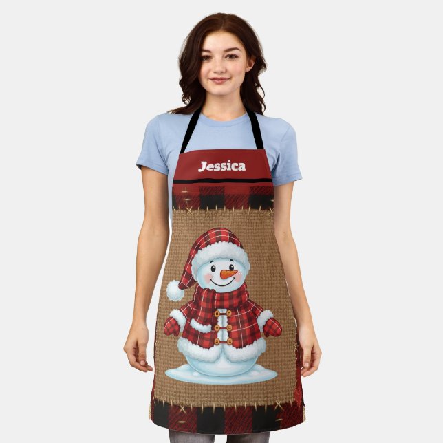Delantal Rustic Buffalo Plaid Custom Name Snowman (Gastado)