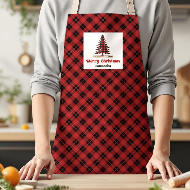 Delantal Rustic Buffalo Plaid Tree Personalized Name Apron  (Rustic Buffalo Plaid Tree Personalized Name Apron Gift)