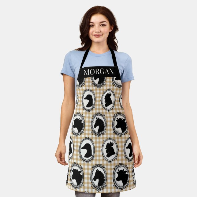 Delantal Rustic Farm Kitchen Barnyard Gingham Black & Khaki (Gastado)