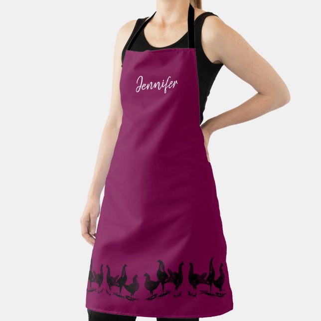 Delantal Rustic trendy chickens on wine color monogram name (in situ)