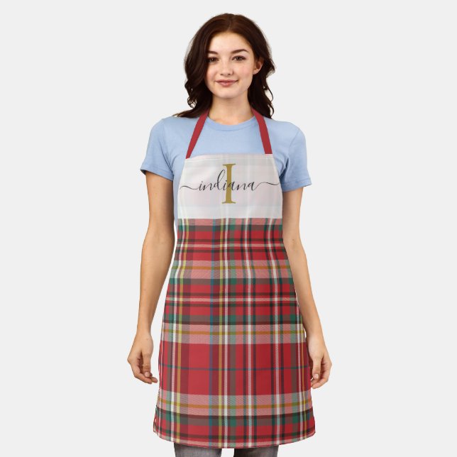 Delantal Rústica del guión verde rojo del monograma (Gastado)