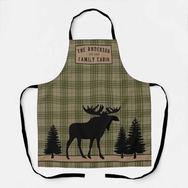 Delantal Rústica familia Cabina Moose Pine Green Plaid Burl (Anverso)
