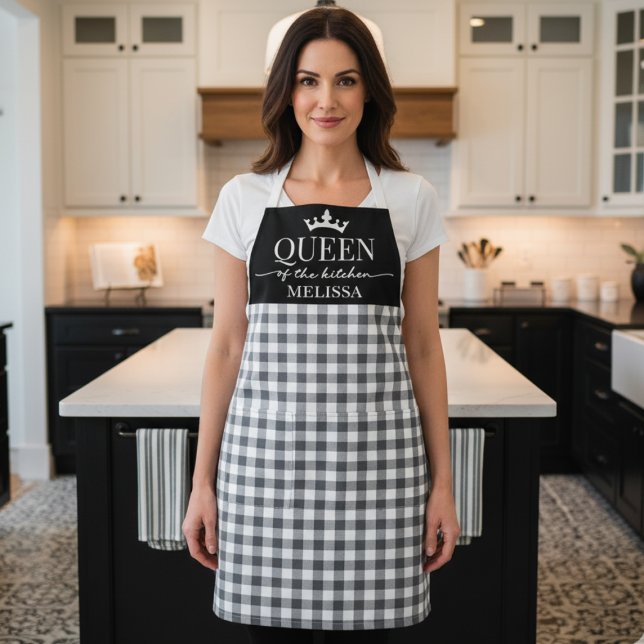 Delantal Rústica reina de Gingham del Apron de la Cocina (elegant black and white gingham Queen of the Kitchen apron, christmas or birthday gift for mom)