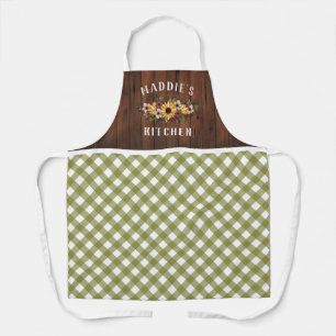 Delantal Rústico Olive Gingham Floral Bouquet Añadir nomb