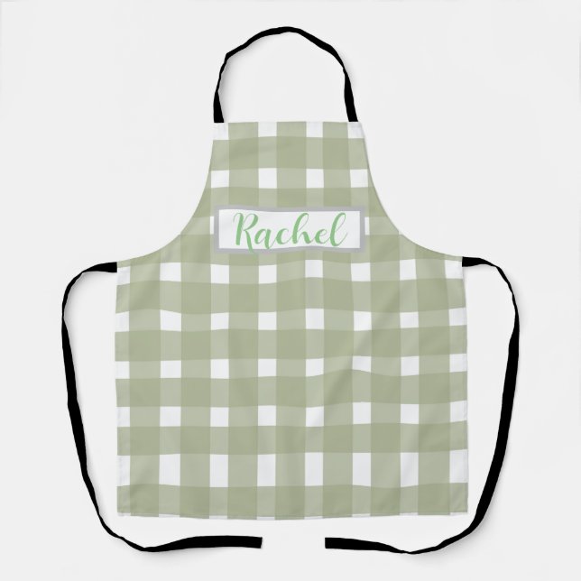 Delantal Sage Green White Gingham Personalizado  (Anverso)