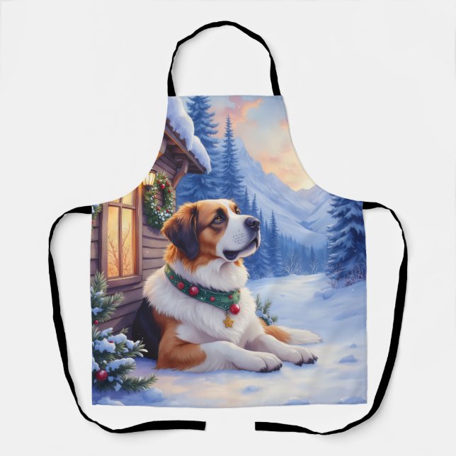 Delantal Saint Bernard Snowy Mountain Lodge Christmas Dog (Anverso)
