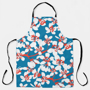 Delantal Sakura blanca, patrón de fondo azul clásico.