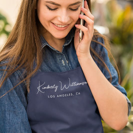 Delantal Salón azul con guión de firma de moda