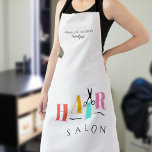 Delantal Salón de pelo tipografía grande tijeras peinadora<br><div class="desc">Tipografía de moda HAIR de gran tamaño rojo colorido,  amarillo,  azul menta y letras rosas con tijeras haciendo un peluquero moderno peluquería elegante delantal blanco.              Fácil de personalizar con tus detalles!</div>