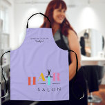 Delantal Salón de pelo tipografía grande tijeras peinadora<br><div class="desc">Tipografía de moda HAIR de gran tamaño letras coloreadas rojas,  amarillas,  azules de menta y rosas con tijeras haciendo una peluquería moderna peluquería elegante delantal de lavanda malva morada.              Fácil de personalizar con tus detalles!</div>