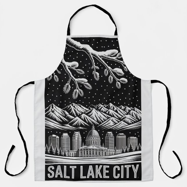 Delantal Salt Lake City Skyline Black and White Woodcut  (Anverso)
