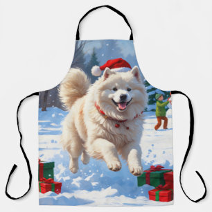 Delantal Samoyed corriendo en la nieve con sombrero de Navi