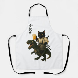 Delantal Samurai Cat with Beer & T-Rex | Retro Japanese Art