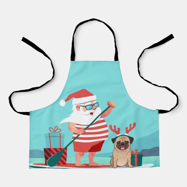 Delantal Santa Claus and His Pug on a Surfboard (Anverso)