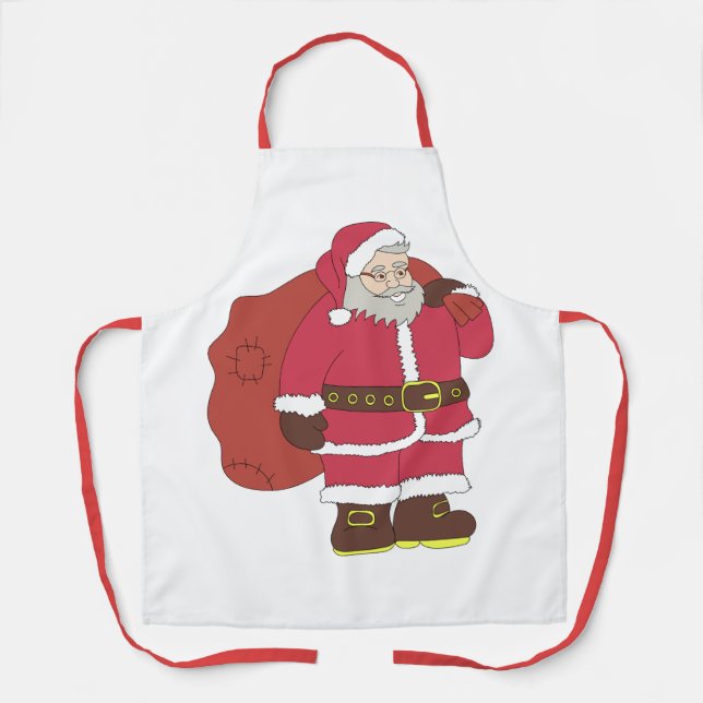 Delantal Santa Claus de rojo con bolsa de regalo y anteojos (Anverso)