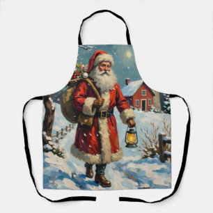 Delantal Santa Claus vintage en camino nevado de granja