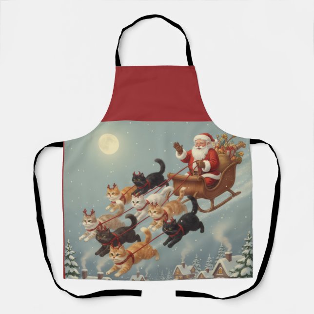 Delantal Santa Sleigh with Flying Cats Christmas Apron (Anverso)