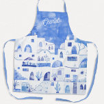 Delantal Santorini Watercolor Personalizado<br><div class="desc">Pintura de color azul y blanco a base de Oia,  en la isla griega de Santorini. Cambie el nombre a personalizar.</div>