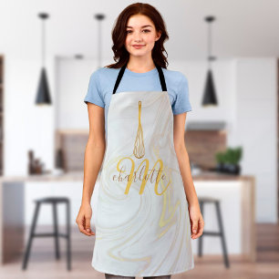 Delantal Script Monograma Oro Whisk Marble Swirls