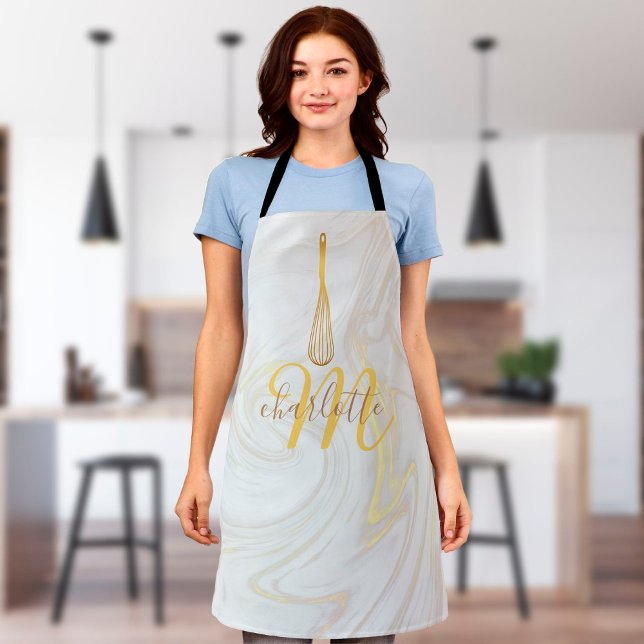 Delantal Script Monograma Oro Whisk Marble Swirls (Subido por el creador)