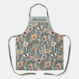 Delantal Seafoam Pink Yellow Retro Wildflower Custom Name