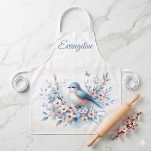 Delantal Serenidad Acuarela Flor de Pájaro Azul