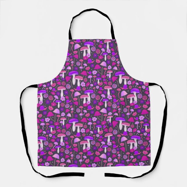 Delantal Setas psicodélicas y rosa floral, morado, negro (Anverso)