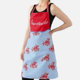 Delantal Shabby con flores rojas Chic Blue Gingham Lily Kit