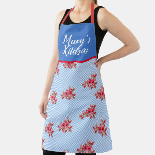 Delantal Shabby con flores rojas Chic Blue Gingham Mamáes