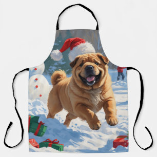 Delantal Shar Pei corriendo en la nieve con sombrero de Nav