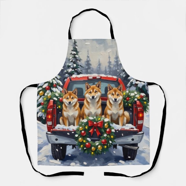 Delantal Shiba Inu Christmas Red Truck Holiday (Anverso)
