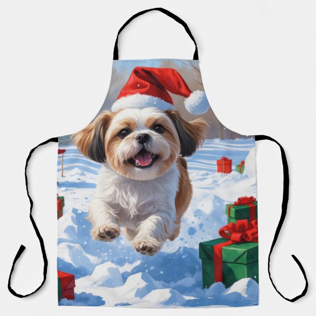 Delantal Shih Tzu corre en Nieve con Gorra Navidad (Anverso)