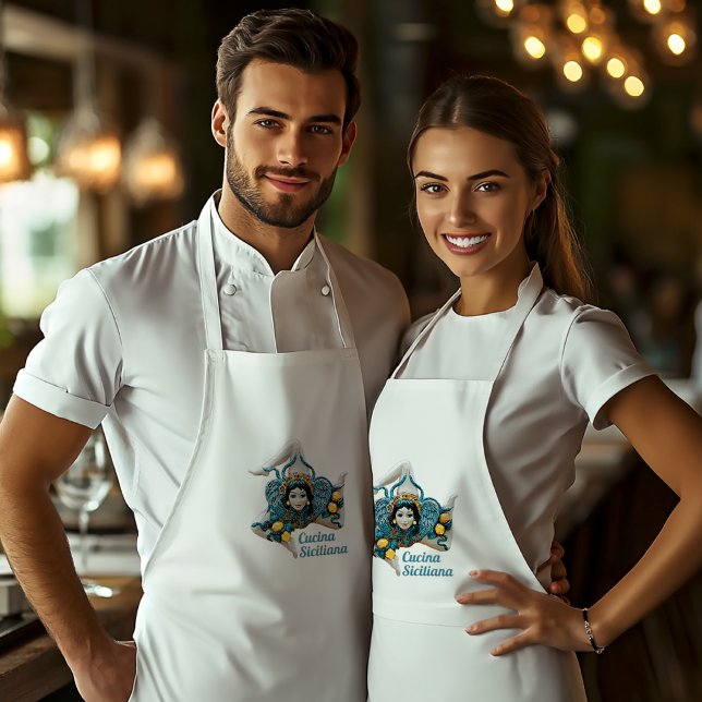 Delantal Sicilian Trinacria Medusa -Symbol of Sicily (Trinacria Medusa - Symbol of Sicily on White Chef's Apron
"Cucina Siciliana" can be customized)