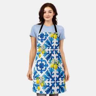 Delantal Siciliano, verano, limón, mosaico, azul