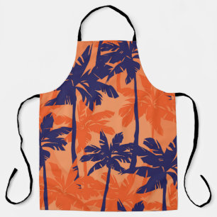 Delantal Silueta de palmera azul, fondo naranja