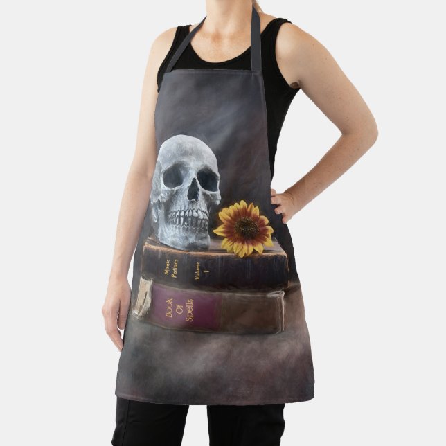 Delantal Skull Vintage Books Yellow Sunflower Gothic (in situ)