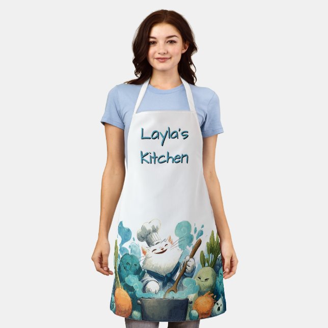 Delantal Smiling Cat Chef Cooking with Animated Vegetables (Gastado)