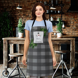 Delantal Snowman Gray Buffalo Plaid Apron