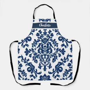 Delantal Sofisticado floral sin costuras azul oscuro y blan