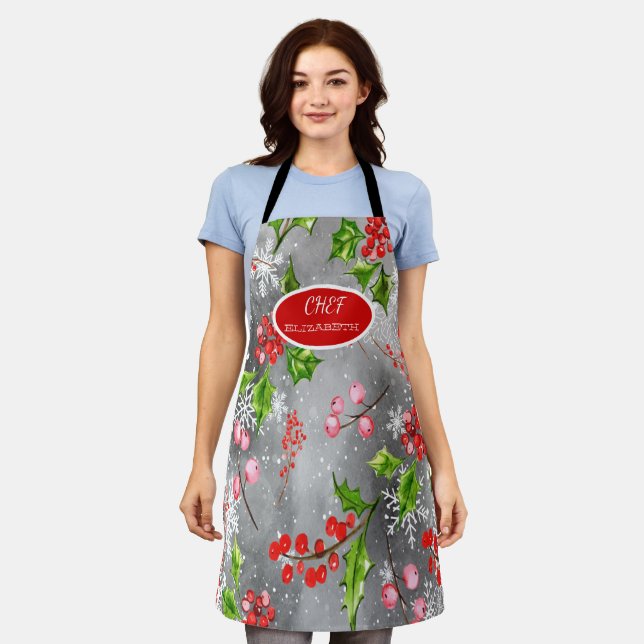 Delantal Sowflakes Holly Berry BrandsGray Holiday Apron (Gastado)