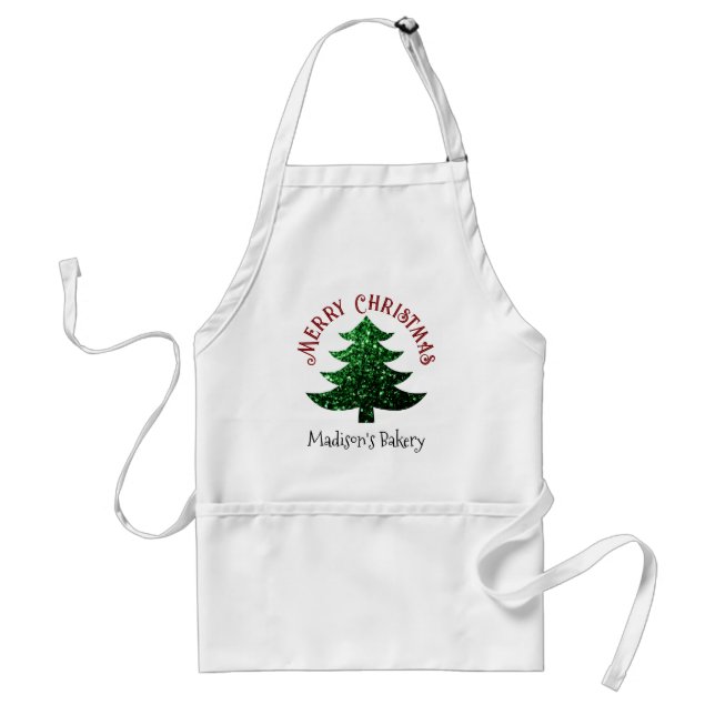Delantal Sparkly Merry Christmas tree Personaliza el nombre (Frente)