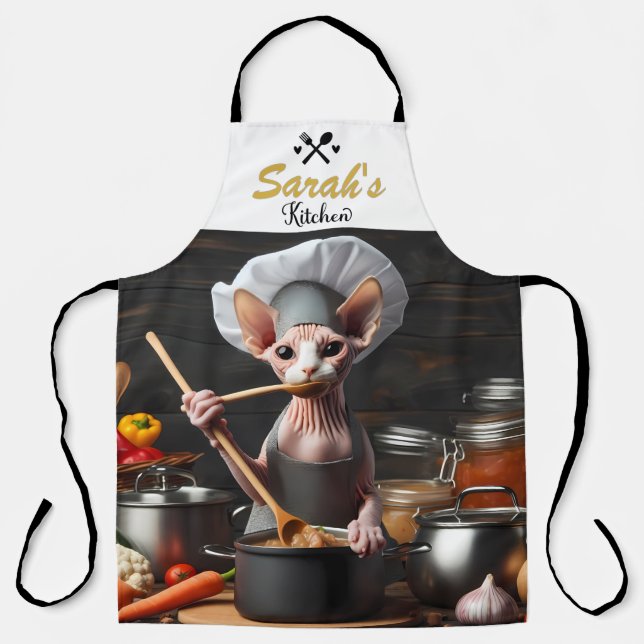 Delantal Sphynx Cat Apron Chef Cook Nombre personalizado gr (Anverso)
