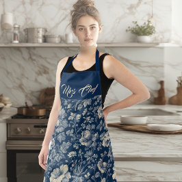 Delantal Sra Chef Tipografía Indigo Toile Floral Francesa 