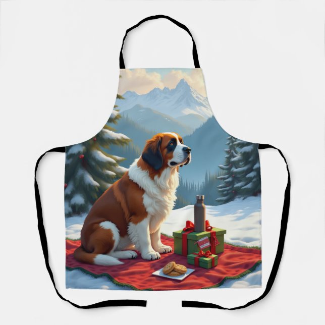 Delantal St. Bernard Winter Picnic Christmas Painting (Anverso)