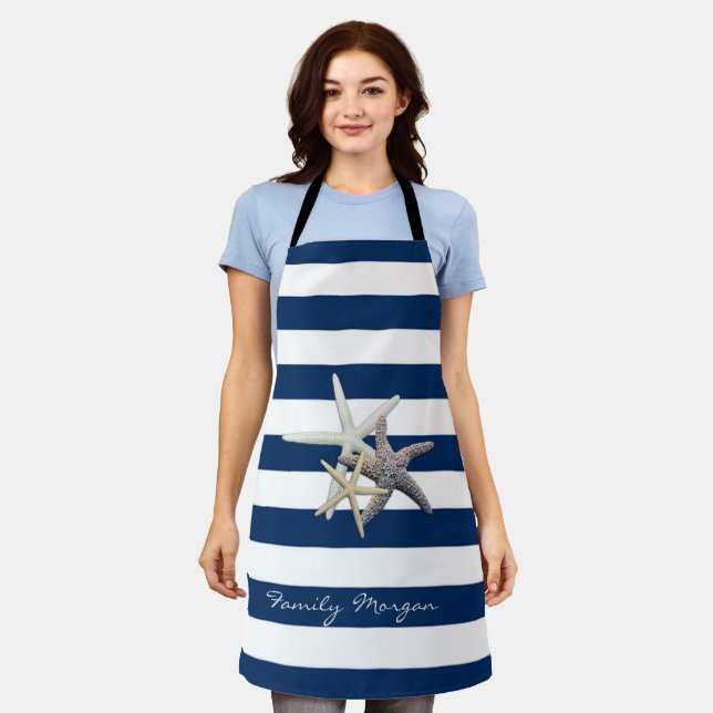 Delantal Starfish Adorable, Navy Blue Stripes Personalizado (Gastado)