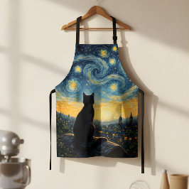 Delantal Starry Night Artistic Black Cat & Celestial Town 