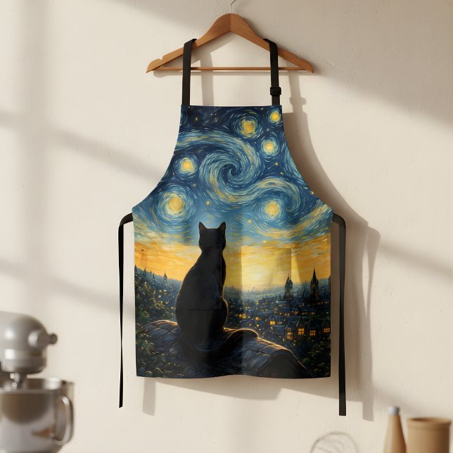 Delantal Starry Night Artistic Black Cat & Celestial Town  (Subido por el creador)