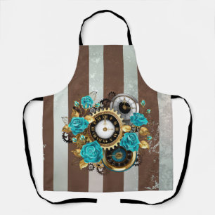 Delantal Steampunk Clock and Turquoise Roses on Striped