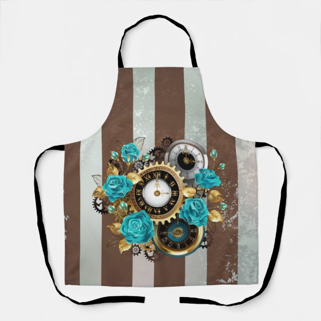 Delantal Steampunk Clock and Turquoise Roses on Striped (Anverso)