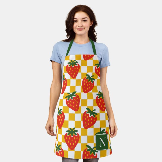 Delantal Strawberry Rustic Farmhouse Checkerboard Monogram (Gastado)